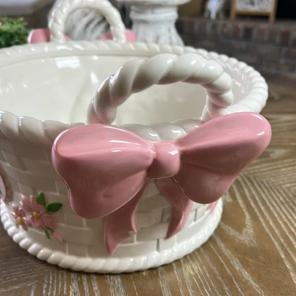 Walt Disney Bambi Thumper Bunny Rabbit Ceramic Weaved Easter Basket Pink Bows - Picture 8 of 10